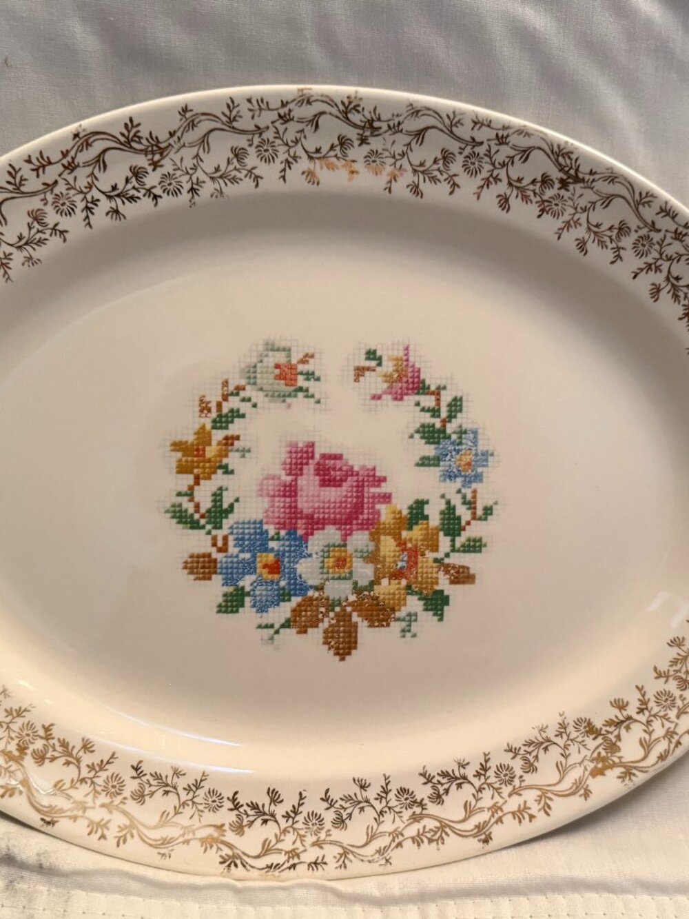 Vintage Taylor Smith Taylor Oval Serving Platter Floral Center Gold Trim 11.5" l